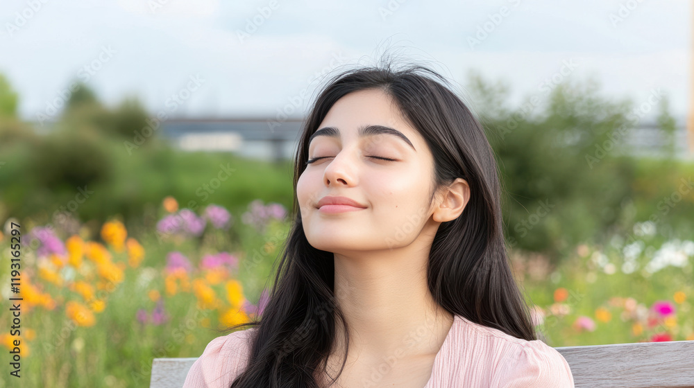 Pakistani woman breathing and relaxing on a beautiful colorful flower field Pakistani woman breathing and relaxing on a beautiful colorful flower field