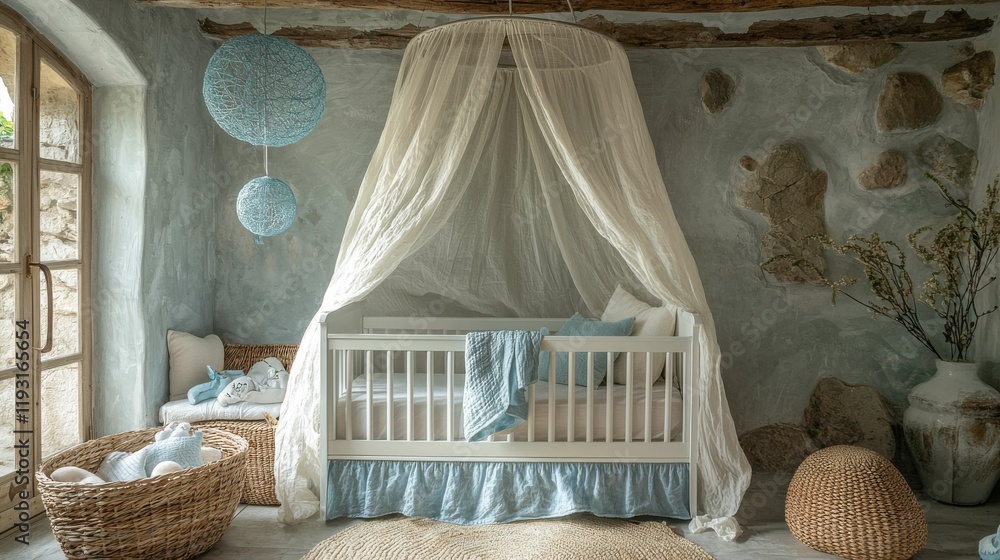 The image showcases a serene nursery decorated in neutral colors with a cozy crib draped in light fabric, complemented by textured decor elements. The image showcases a serene nursery decorated in neutral colors with a cozy crib draped in light fabric, complemented by textured decor elements.