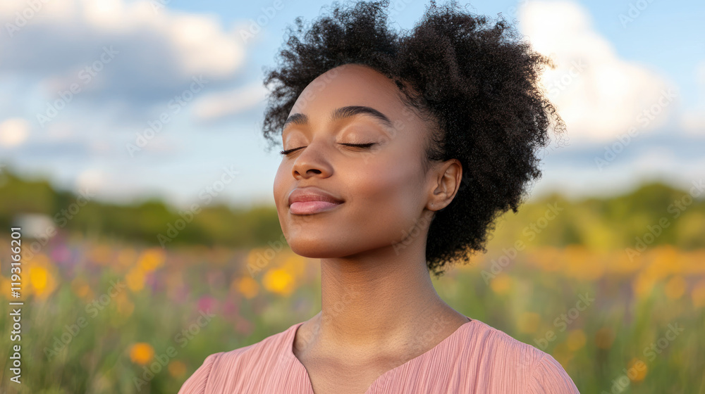 Afro woman breathing and relaxing on a beautiful colorful flower field Afro woman breathing and relaxing on a beautiful colorful flower field