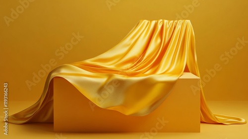 Golden silk fabric draped over a yellow cube on a yellow background.