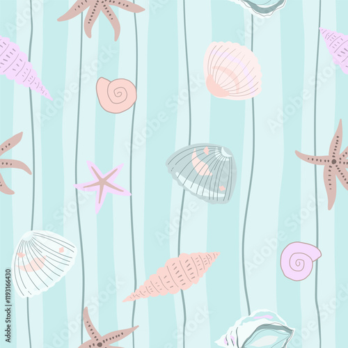 Marine print, shells, sand, pearls, scallop, coastal nature seamless pattern, ocean waves, underwater world. Vector illustration, pastel colors.