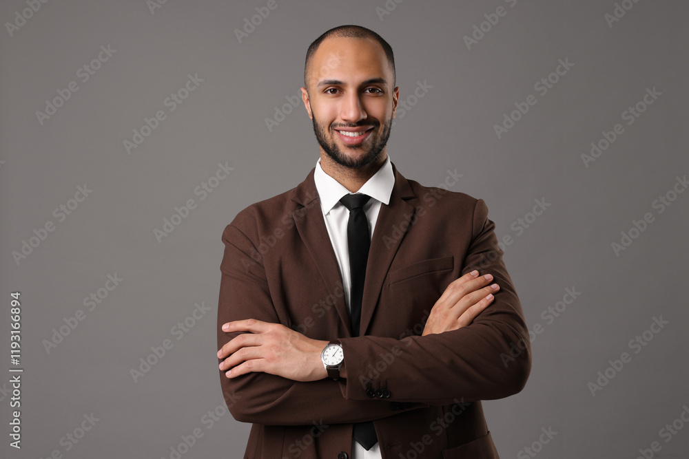 Portrait of businessman in brown jacket on gray background Portrait of businessman in brown jacket on gray background
