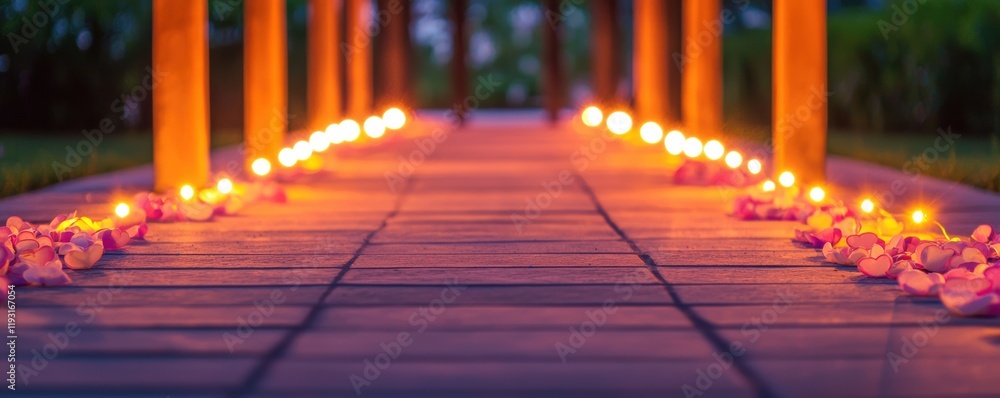 A serene pathway illuminated by soft candles and adorned with flower petals, creating a tranquil and romantic atmosphere. A serene pathway illuminated by soft candles and adorned with flower petals, creating a tranquil and romantic atmosphere.