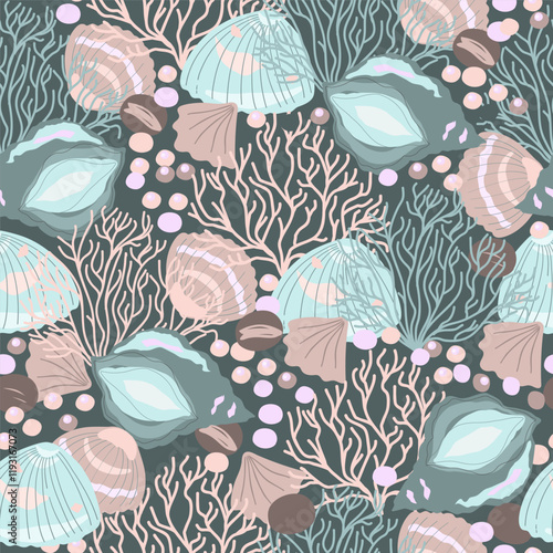 Marine print, shells, sand, pearls, scallop, coastal nature seamless pattern, ocean waves, underwater world. Vector illustration, pastel colors.