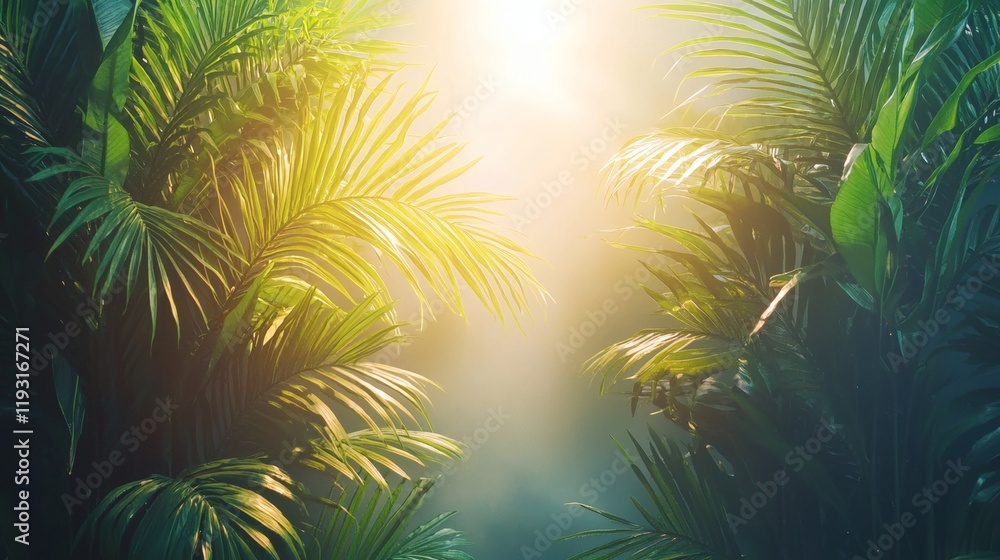 Misty morning in a tropical jungle with towering green trees Tropical Stock Photo with side copy space Misty morning in a tropical jungle with towering green trees Tropical Stock Photo with side copy space