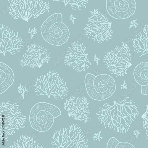 Marine print, shells, sand, pearls, scallop, coastal nature seamless pattern, ocean waves, underwater world. Vector illustration, pastel colors.
