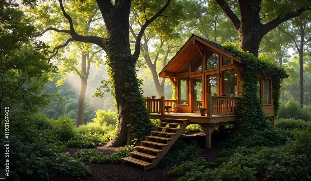 A serene wooden cabin surrounded by lush greenery, nestled in a sunlit forest with vines climbing the trees and soft morning light streaming through the foliage. A serene wooden cabin surrounded by lush greenery, nestled in a sunlit forest with vines climbing the trees and soft morning light streaming through the foliage.