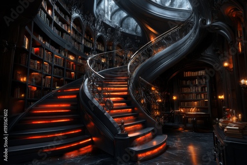 A vampire's lair hidden in an ornate library, with secret passages and ancient tomes glowing with faint red light