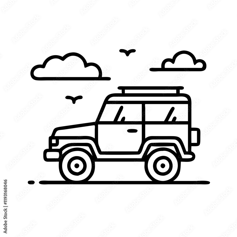 Obraz premium safari jeep crossing savanna icon, safari jeep crossing savanna line art - simple line art of safari jeep crossing savanna, perfect for safari jeep crossing savanna logos and icons and themed design