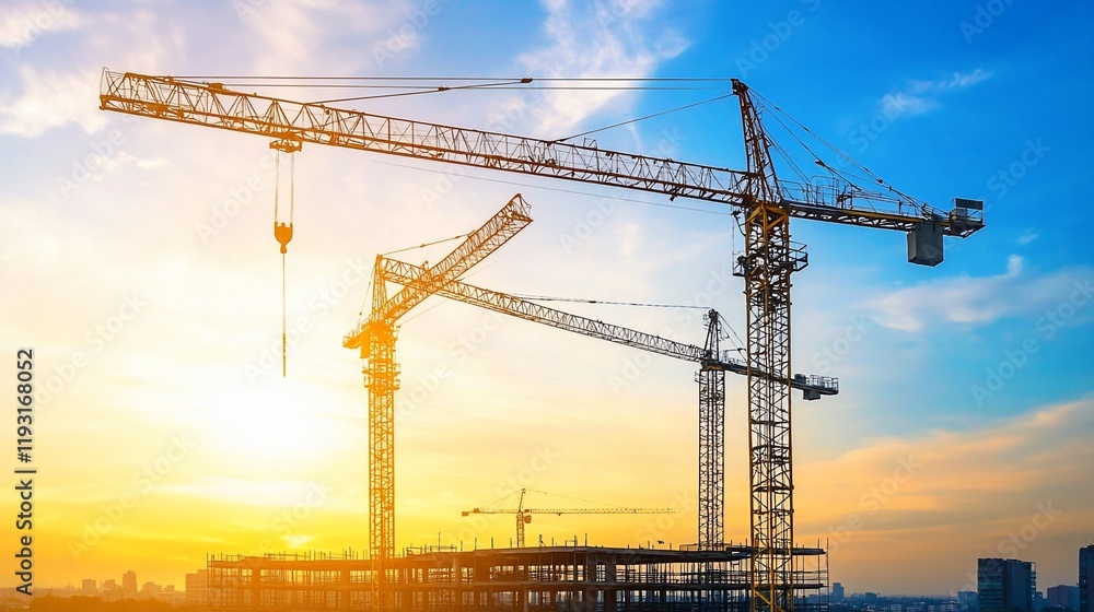 Construction site at sunset with multiple cranes. Construction site at sunset with multiple cranes.