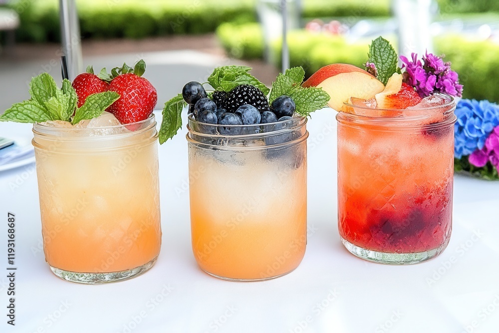 Three mason jars with drinks and fruit on a table. Popular Cocktails and Their Recipes