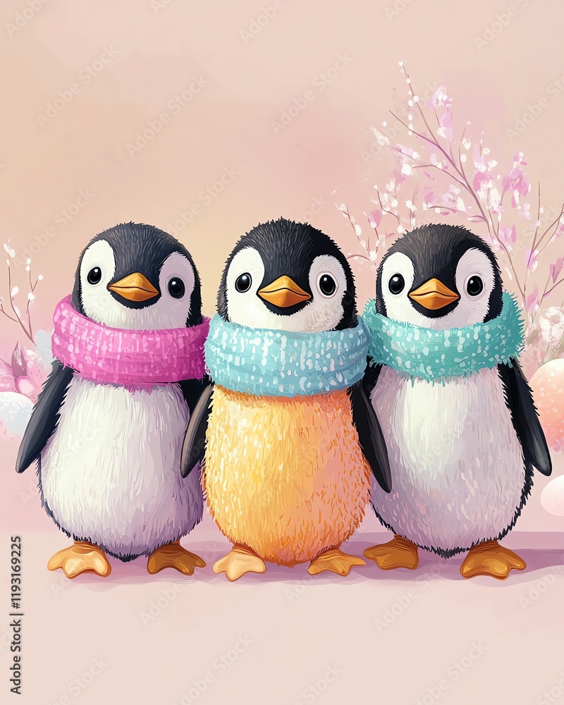 Fototapeta premium Easter festive cartoon . Adorable cartoon penguins with pastel Easter scarves on a gradient background