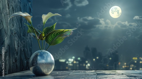 A stylish silver metallic vase with a modern minimalist design displays a single calla lily, with a sleek cityscape and a bright full moon