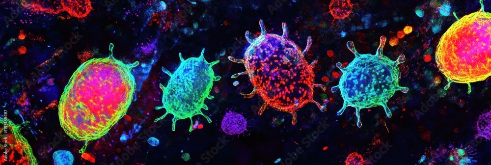 Naklejka premium Discover vibrant magnified viruses showcasing their intricate structures in a colorful scientific representation. Generative AI