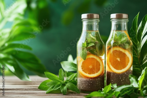 Two bottles chia water infused with orange slices