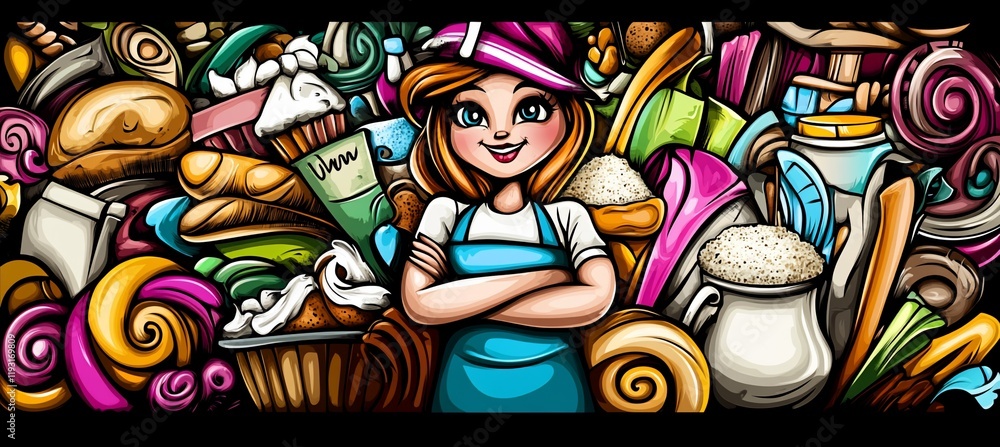 Happy baker girl surrounded by colorful pastries and sweets. Happy baker girl surrounded by colorful pastries and sweets.
