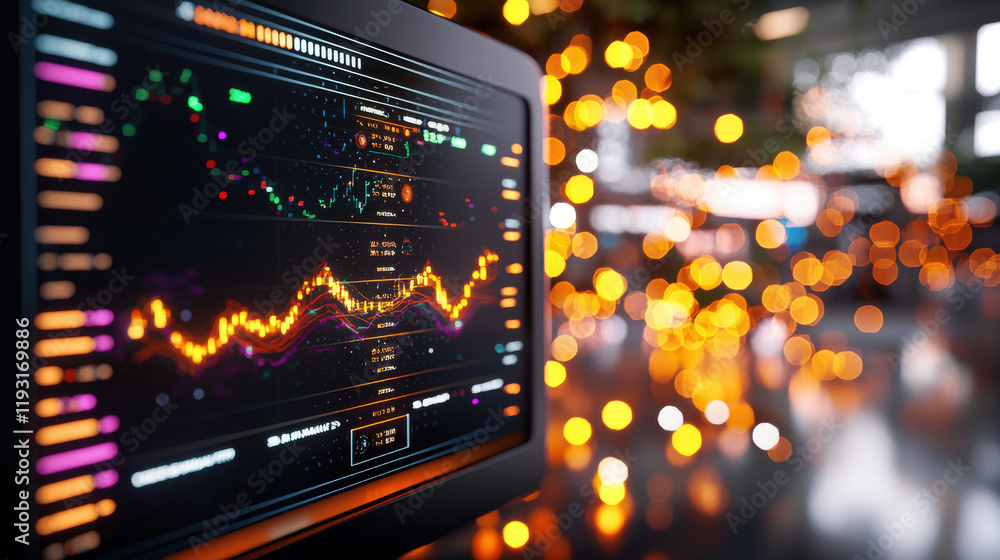 virtual representation of market analysis displayed on monitor, showcasing colorful graphs and data trends against blurred background of warm lights virtual representation of market analysis displayed on monitor, showcasing colorful graphs and data trends against blurred background of warm lights