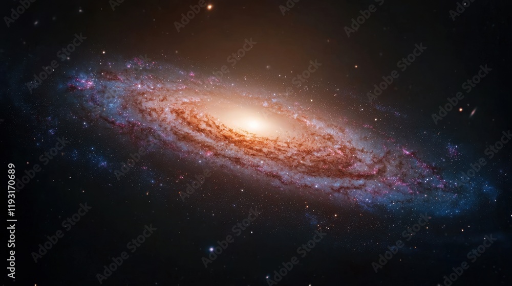 Obraz premium A stunning view of a spiral galaxy, showcasing bright core and swirling arms of stars and gas against a dark cosmic backdrop.