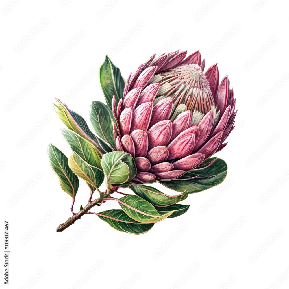 Fototapeta premium The Regal Protea: A stunning botanical illustration of a blooming protea flower with intricate petals, lush green leaves, and a delicate stem. A testament to the beauty of nature.
