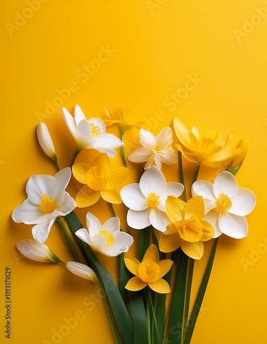 Generated image White and yellow spring flowers on yellow background.