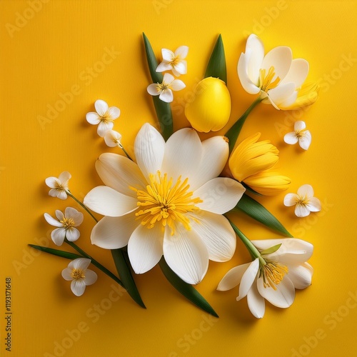 Generated image White and yellow spring flowers on yellow background.