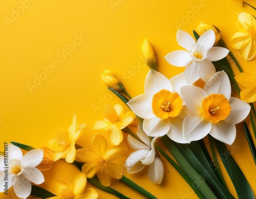 Generated image White and yellow spring flowers on yellow background.