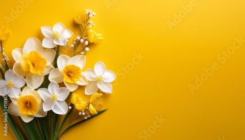 Generated image White and yellow spring flowers on yellow background.
