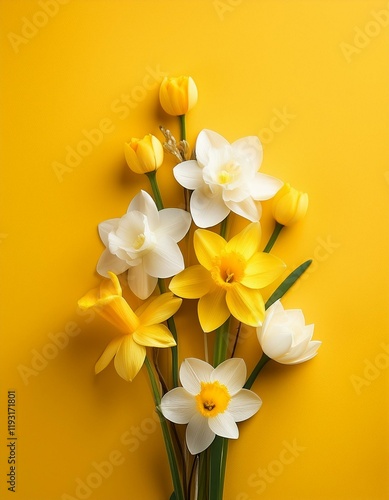 Generated image White and yellow spring flowers on yellow background.