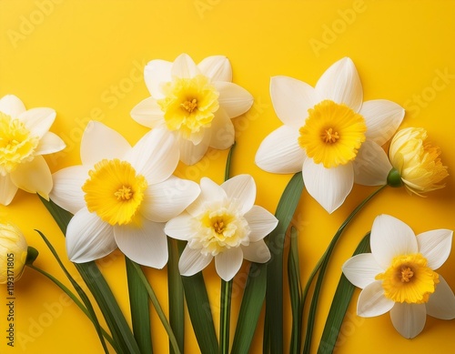 Generated image White and yellow spring flowers on yellow background.