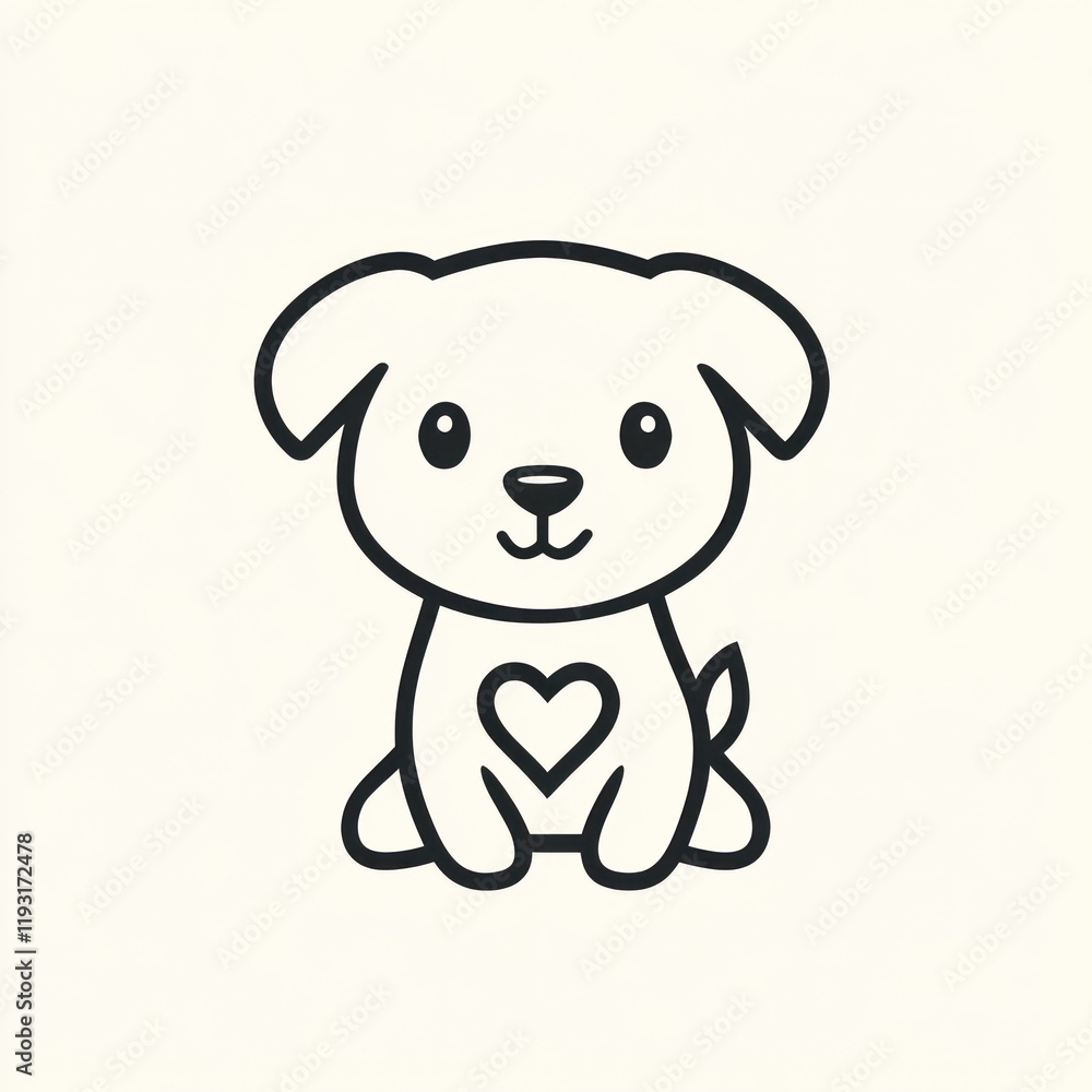Cute cartoon puppy sitting, heart on chest, white background, children's book illustration Cute cartoon puppy sitting, heart on chest, white background, children's book illustration