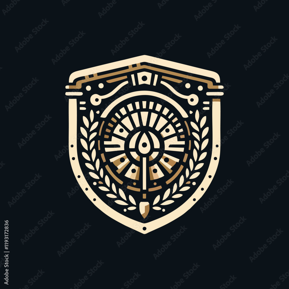 Obraz premium Vintage Classic Floral Shield Roman and Greek Line Drawing Style Logo Design, T-shirt and Streetwear