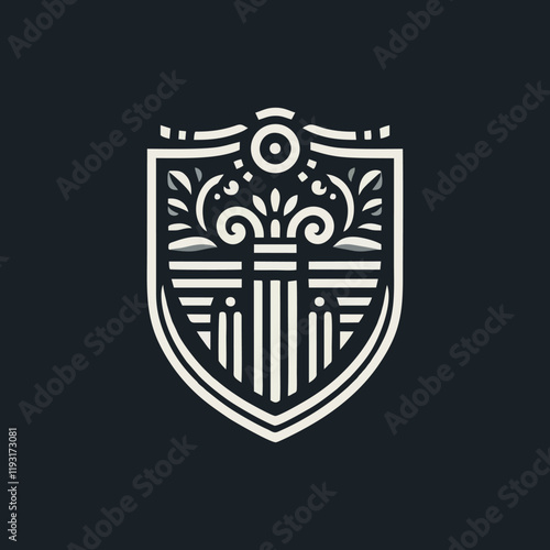 Vintage Classic Floral Shield Roman and Greek Line Drawing Style Logo Design, T-shirt and Streetwear