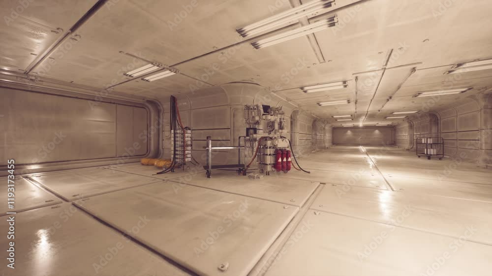 The interior features a clean and spacious industrial hallway with smooth concrete walls, bright lighting, and organized equipment on one side, creating a modern yet utilitarian environment. The interior features a clean and spacious industrial hallway with smooth concrete walls, bright lighting, and organized equipment on one side, creating a modern yet utilitarian environment.