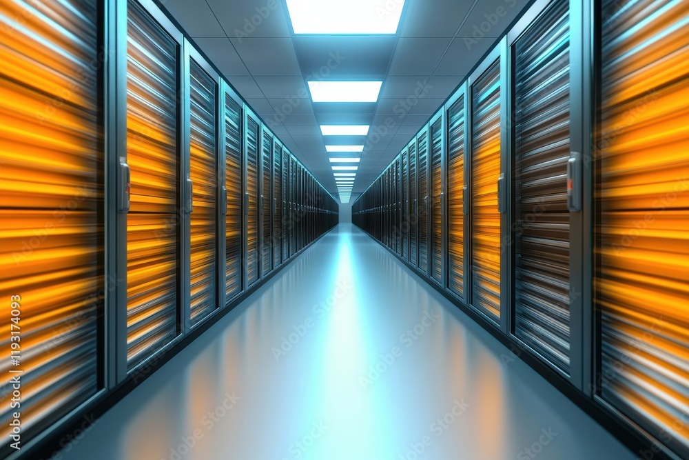 Fototapeta premium Futuristic data center hallway featuring rows of glowing storage units and sleek lighting, conveying high-tech efficiency.