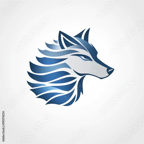 Wolf head profile design, blue abstract mane, white background, logo use photo