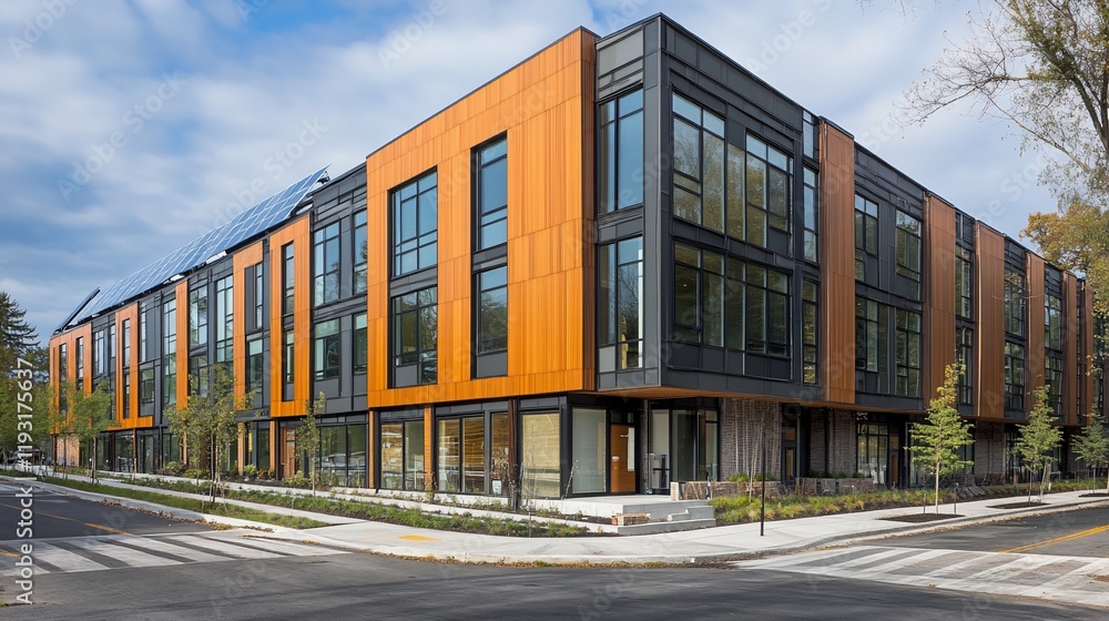 Modern apartment building with wood and metal facade, street view. Modern apartment building with wood and metal facade, street view.
