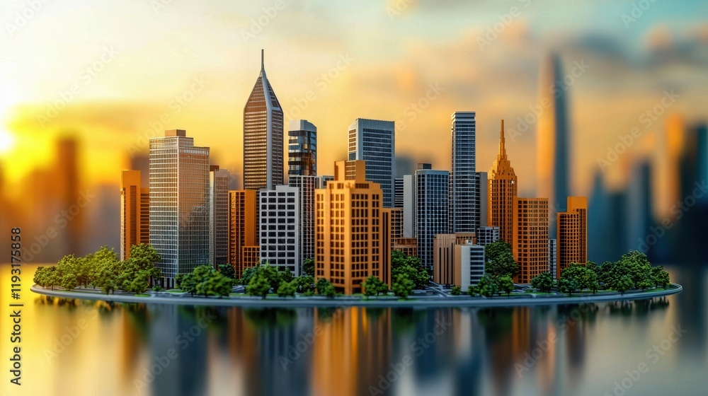 Fototapeta premium Sunset Cityscape: A Miniature Metropolis at Golden Hour