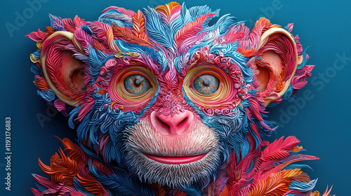 Vibrant 3D monkey design with colorful feathers, symbolizing zodiac sign of monkey. This artistic representation showcases intricate details and vivid colors