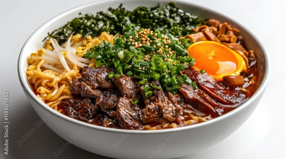 Delicious spicy ramen bowl isolated on white background high-quality food culinary delight bright lighting Delicious spicy ramen bowl isolated on white background high-quality food culinary delight bright lighting
