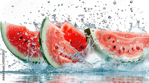 a succulent watermelon splashing into water, with a nearby watermelon slice on a white background