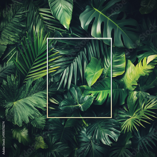 Wallpaper Mural Template with Thick Natural Green Jungle Leaves and Rectangle Inside Torontodigital.ca