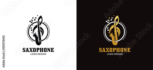 Vector illustration of a saxophone logo design with a combination of creative concept tone icons