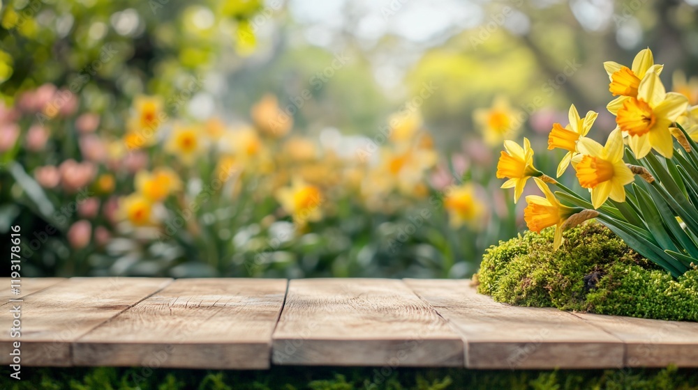 Wooden table with daffodils and blurred spring garden background. Wooden table with daffodils and blurred spring garden background.
