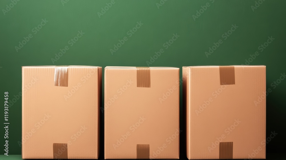 Three neatly stacked brown cardboard boxes against a green background, perfect for logistics or storage concepts. Three neatly stacked brown cardboard boxes against a green background, perfect for logistics or storage concepts.