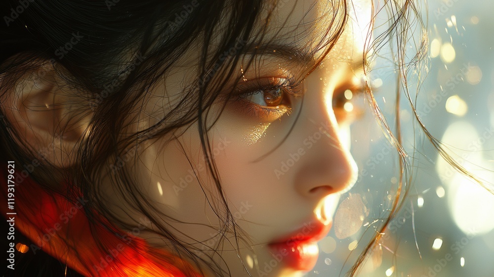 Portrait of a woman with soft lighting and vibrant red accents Portrait of a woman with soft lighting and vibrant red accents