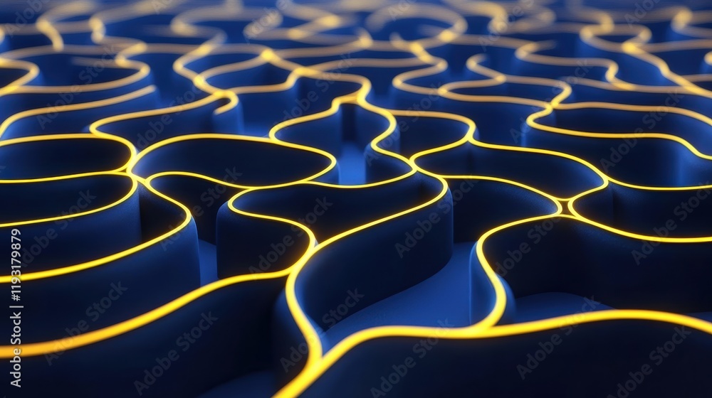 Fototapeta premium Abstract lines create dynamic patterns against a deep blue background, illuminating curves with warm yellow highlights.