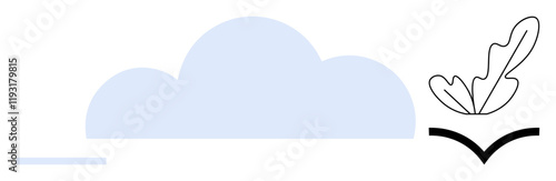 Dominant blue cloud paired with a minimalist bird and leaf on left. Ideal for freedom, nature, simplicity, serenity, environmental themes, minimalist design, abstract expression. Abstract line flat