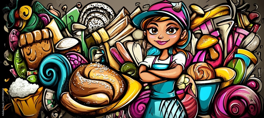 Obraz premium Happy baker girl surrounded by various baked goods and food items in vibrant doodle style.