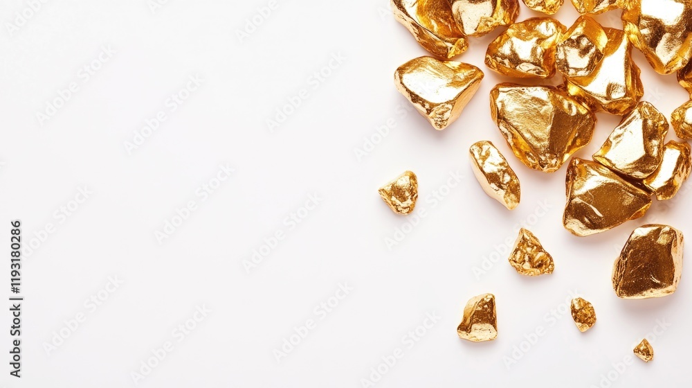 A collection of shiny gold nuggets rests on a smooth white surface, highlighting their bright color and unique shapes in a captivating display of wealth and beauty A collection of shiny gold nuggets rests on a smooth white surface, highlighting their bright color and unique shapes in a captivating display of wealth and beauty