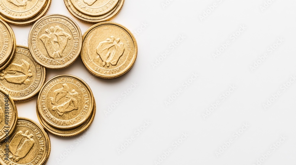 Gold coins are scattered across a white surface, highlighting their gleaming appearance and detailed engravings. The view captures the coins in a random arrangement Gold coins are scattered across a white surface, highlighting their gleaming appearance and detailed engravings. The view captures the coins in a random arrangement